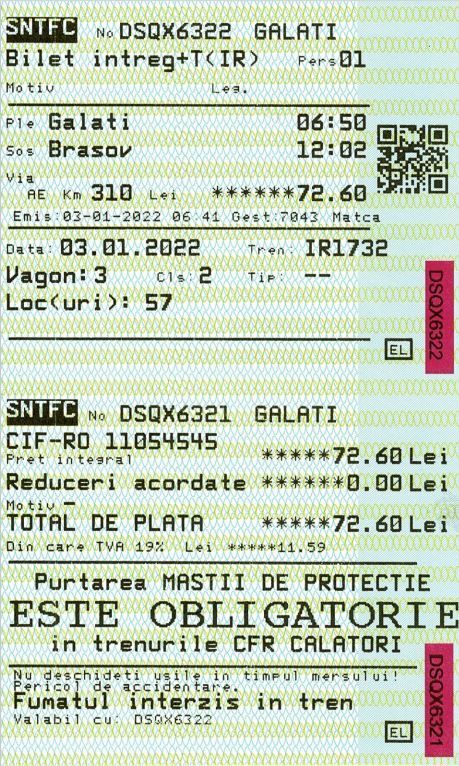 Gekauftes Ticket (Muster) für eine Bahnfahrt von Galaţi nach Braşov